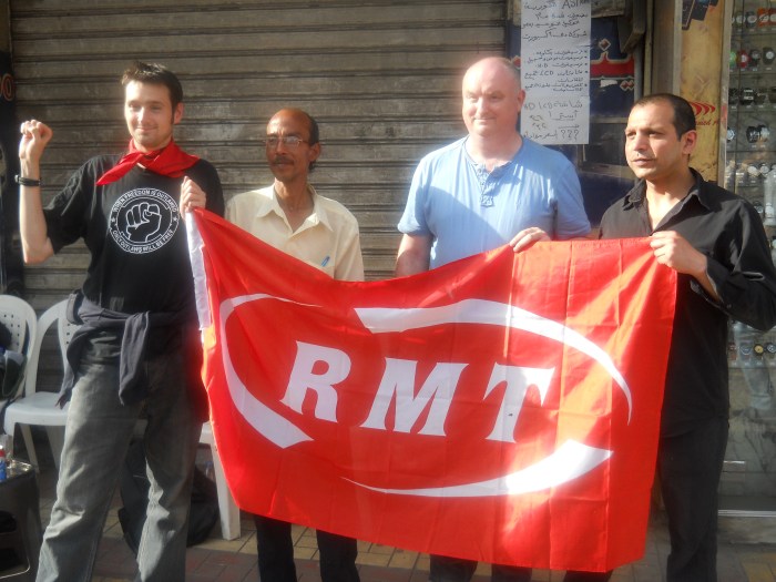 Unjum Mirza (right) and colleagues from the RMT met Mohamed Abd-al-Sattar from the Independent Union of Public Transport Authority Workers in Cairo, May 2011