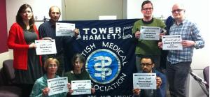 Tower Hamlet branch of the British Medical Association holding signs with the names of their imprisoned Bahraini colleagues - February 2013