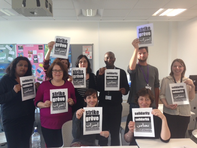Members of the UCU lecturers' union committee at Westminster Kingsway college in London send a solidarity message
