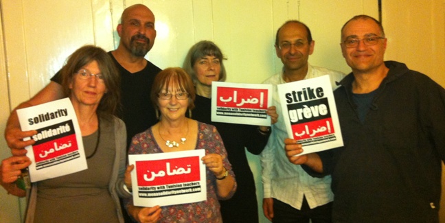 Sasha Simic, Amanda Sebesteyn, Kambiz Boomla, Simon Assaf, Maggie Falshaw and Anna Livingstone (from top right) who visited the World Social Forum in Tunis at the end of March, sending a message of solidarity to Tunisian teachers for their strikes on 17 and 25 April